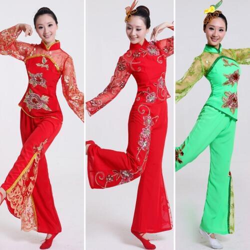 Women Lace Dancer Costume Sexy Chinese Yangko Dancing Dress Top+Pants +Headwear Chinese National Costume Dance Stage Clothes 16