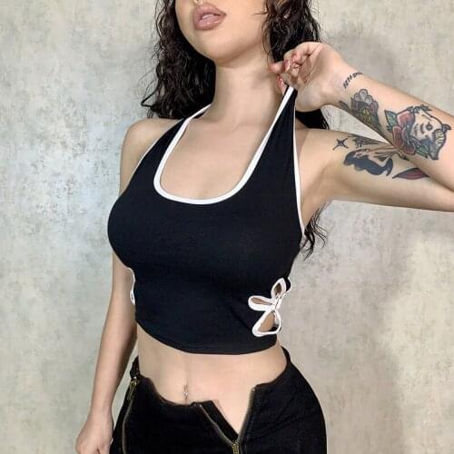 Gothic Black Camis Women Punk Style Backless Hollow Out Crop Tops Summer Clothing Patchwork Halter Tops