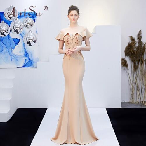 ArtSu Elegant Ruffles Off Shoulder Long Maxi Party Dress Women Embroidery Floor-Length Banquet Prom Mermaid Dress Robe De Soiree