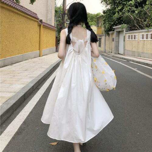 Skirt 2020 Summer New Korean Style Elegant Slimming Square Collar Ribbon Backless Midi Dungaree Dress Dress Women fairy dress