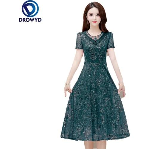Summer Women Print Embroidered Stitched Short-sleeved Dress Temperament Slim Slim Mid-length V-neck A-word Dress Female Vestidos