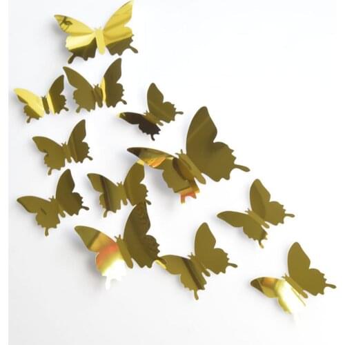 12pcs/lot 3D Mirror Butterfly Wall Sticker Living Room Wall Decor Wedding Decoration Accessories Removable Home Stickers