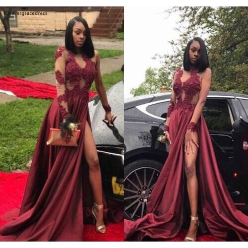 2019 Dark Red Prom Dress Black Girls High Slit Long Sleeves Formal Holidays Wear Graduation Evening Party Gown Plus Size