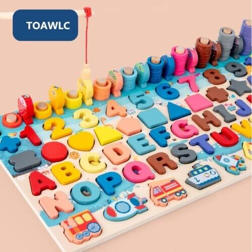 2021 Baby Wooden Montessori Educational Toys Kids Early Learning Shape Color Math Matching Log Board Fishing Puzzle Count Number