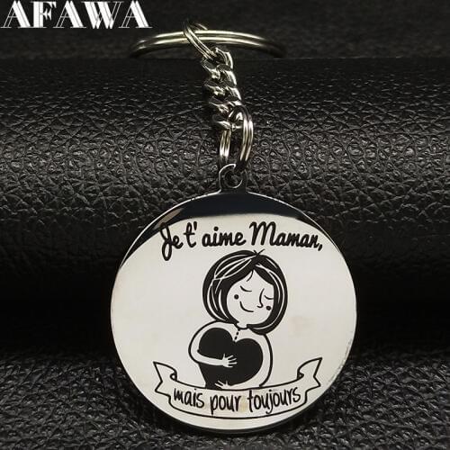 2021 New Fashion Maman Stainless Steel Key Chain for Women Round Silver Color Pendant for Key Jewelry porte clef K77470B