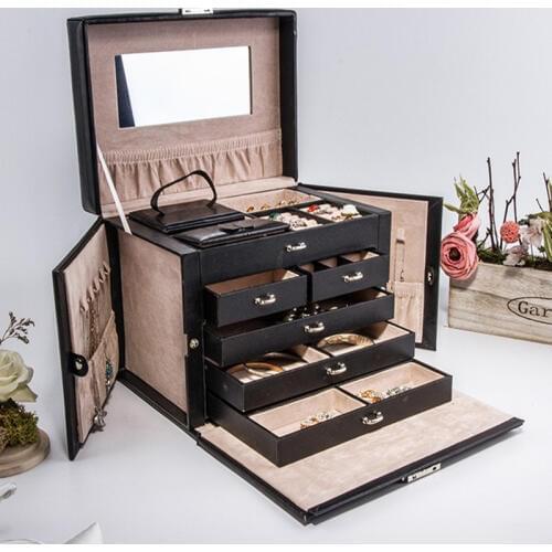 Free shipping luxurious big 5 layers leather jewelry box earrings jewelry display box wedding gifts gift box Display cabin