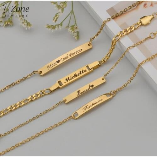 UZone Unisex Custom Stainless Steel Engrave Texts Chain Bracelets for Women Kids Personalised Name Date Jewelry Birthday Gifts