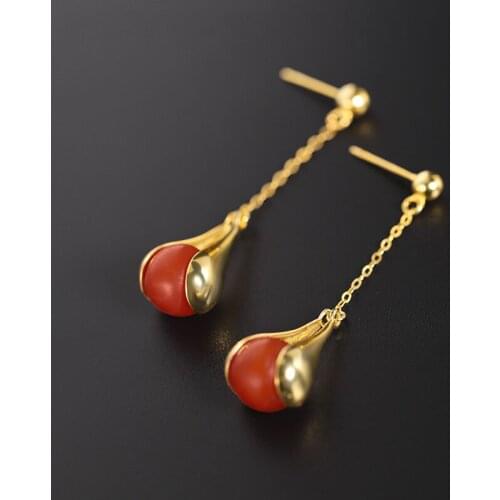 DAIMI Baoshan Persimmon Red South Red Agate Earrings Womens Natural 925 Sterling Silver Tassel Earrings