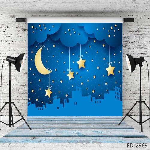 Night City Skyline Golden Star Moon Wooden Board Photography Background Baby Portrait Photographic Backdrops For Photo Studio