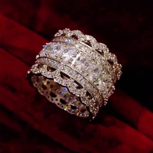 Big Band Hollow Silver Ring with Bling Zircon Stone Vintage Fashion Jewelry Wedding Engagement 2021 Trend