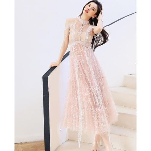 Lace Long Dress 2021 Summer Fashion Style Women Hand Made Beading Deco Sexy Cold Shoulder Pink Grey Long Maxi Dress Bohemian