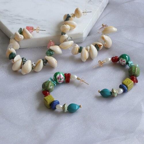 Fashion C-Shape Stud Earrings Bohemian Alloy Handmade Earrings Shell Resin Stone for Women Summer Beach Birthday Party Gifts