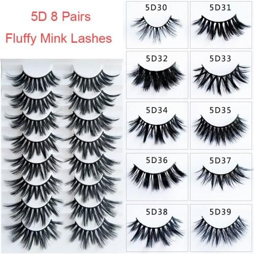 False Mink Lashes 8 Pairs Fluffy Dramatic Long Full Strip Thick Criss Cross Volume Natural Look Reusable Wispy Faux Eyelashes