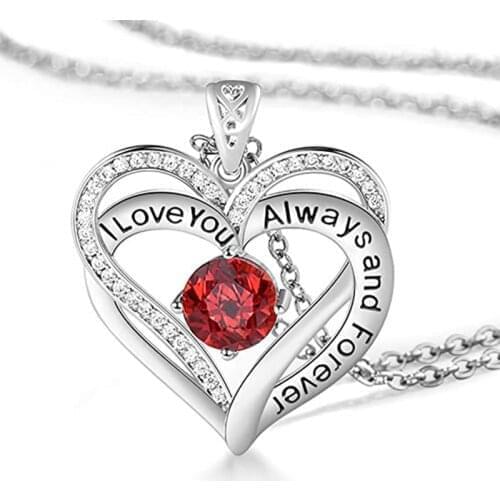 I Love You Always And Forever Crystal Heart Pendant Necklace Birthstone Necklaces For Mother Daughter Wife Girlfriend Gift