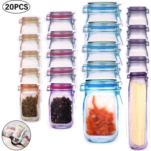 20/10Pcs Portable Mason Jar Bags Reusable Seal Food Saver Storage Bags Organizer Nuts Candy Cookies Snack Sandwich Ziplock Bags