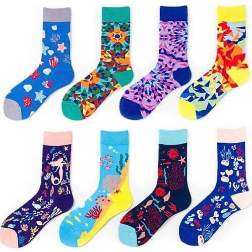 PEONFLY Colorful Geometry Printed Women Socks Funny Casual Comfortable Skateboard Happy Socks Mermaid Harajuku Calcetines Mujer