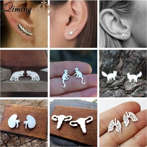 Multiple Stainless Steel Stud Earrings For Women Girls Fashion Minimalist Cat Mountain Star Bohemia Earring Gift Dropshipping