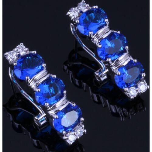 Clean Oval Blue Cubic Zirconia White CZ Silver Plated Clip Hoop Huggie Earrings V0918