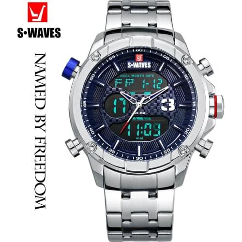 SWAVES Luxury Watch Men Sport Dual Display Stainless Steel Clock Mens Watches Waterproof Quartz Military Date Relogio Masculino