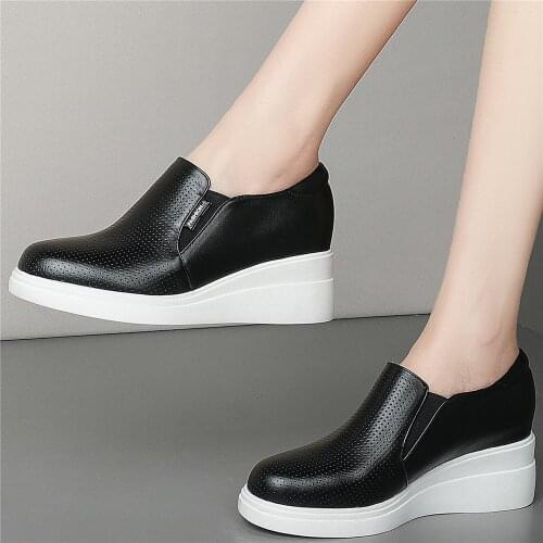 Casual Shoes Women Genuine Leather Wedges High Heel Vulcanized Shoes Female Round Toe Fashion Sneakers Breathable Oxfords Shoes