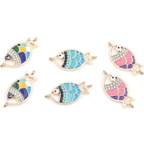 Fish Jewelry Connectors Zinc Based Alloy Ocean Animal Ename Connectors Gold Color Multicolor 29mm x 14mm For DIY , 5 PCs