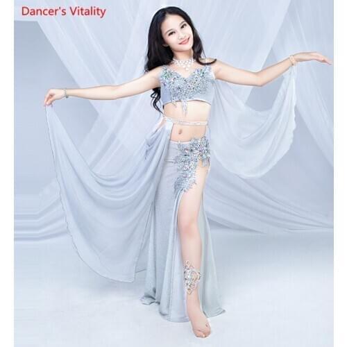 High-End Childrens Belly Dance Clothes New Girl Belly Dance Performance Service Bag Hip Dress Sexy Bra+Long Skirt+Belt Set