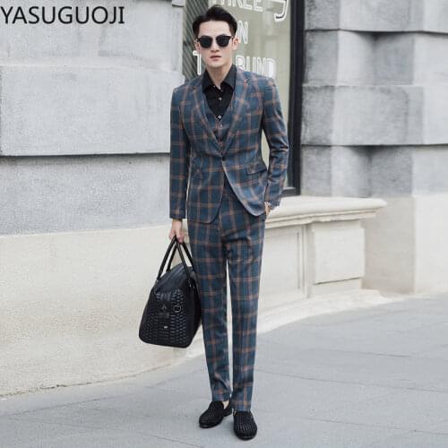YASUGUOJI Plaid Wedding Suit 2020 Fashion Check 3 Piece Suit Men Vintage Prom Banquet Suit Men Slim Fit Suit Jacket Vest Pant