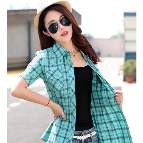 2020 Summer British Style Slim Plaid Shirt Female Short Sleeve Summer Women Cotton Shirt Women Slim Lapel Plaid Shirt Large 3XL