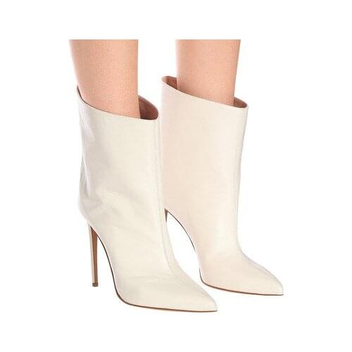 Fall Winter White Leather Sleeve Toe Stiletto High Heel Fashion Ladies Ankle Boots Paris Runway Botas Femininas Large Size 14 15