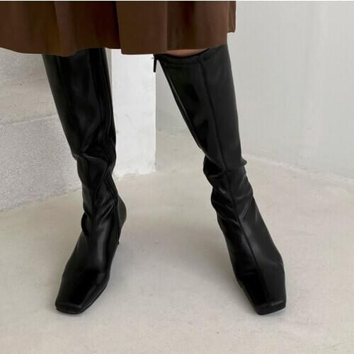 Winter High Boots Women Leather High Heel Long Boots Zipper Square Head Shoes Lady Size 33-42