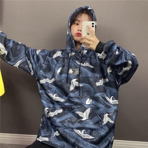 Hooded Hoodies for Women Japanese Ukiyo-e Crane Print Clothing Kimono Streetwear Casual Spring Tops Sweatshirt Long Sleeve