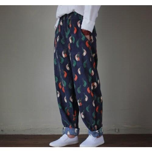 Women Retro Bird Print Elastic Waist Loose Corduroy Pants Ladies Casual Vintage Trousers Birds Printed Pants