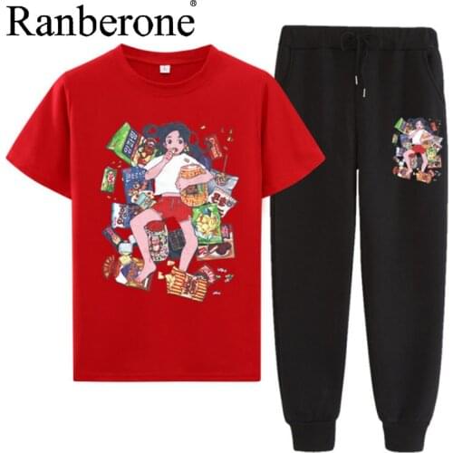 Ranberone Printing Women Loose Casual Sweatshirt Pullovers And Drawstring Pants Two-Piece Tracksuit Trendy Sportswear Set Male