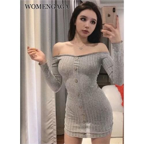 WOMENGAGA Strapless Sexy Long Sleeve Knitted Slim Skinny Hip Grey Mini Dress Ruffle Thin Short Autumn Women Kroean Dresses EG2W