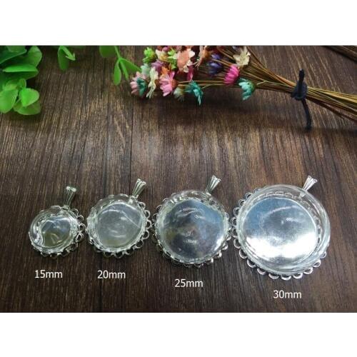 10sets/lot 15/20/25/30mm Glass dome silver plated double lace base tray connector glass vials pendant cover jewelry accessories