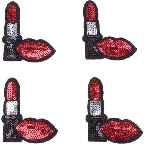 10pcs/lot Sequined Lipsticks Mouth Patch Iron On Embroidered Stickers DIY Jeans appliques Handmade Garments Coats