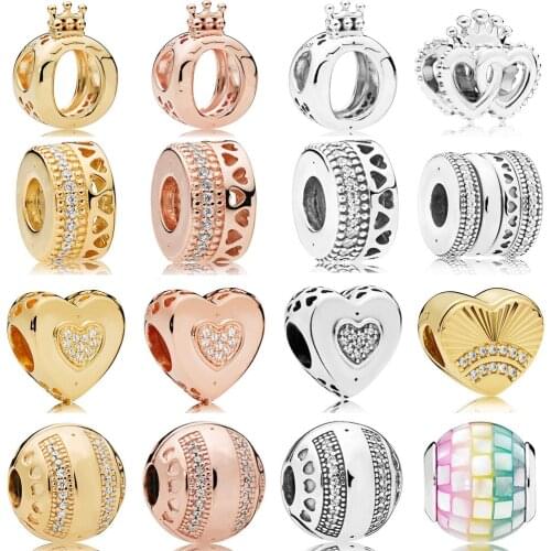 2019 NEW 100% 925 Sterling Silver Signature Crown Heart Round Charm Shine Gold Clear CZ Bead DIY Bracelet Original Women Jewelry