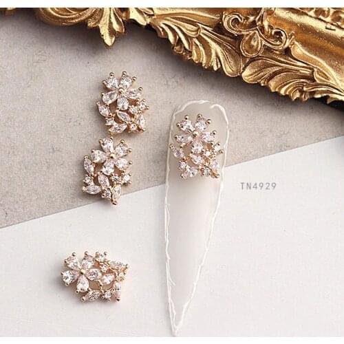 5pcs/lot TN4929 Gold Crystal Zircon flower Nail Art Rhinestone metal manicure nail accessories Nail Decoration 3D Nails charms