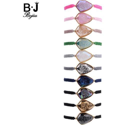 BOJIU Natural Ag. Quartz Druzy Braided Thread Charm Bracelet Women Trendy White Pink Gray Green Blue Stone Rope Bracelet BC245