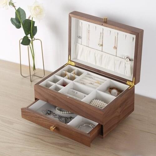 GY Wooden Jewelry Box Drawer Type Solid Wood Earring Ornament Storage Box Double Layer Large Capacity