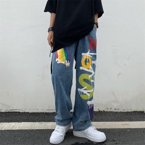 INS Trend Harajuku Personality Rainbow Graffiti Printing Fashion Loose Women Vintage Washed Jeans Summer Men Wide-Leg Pants