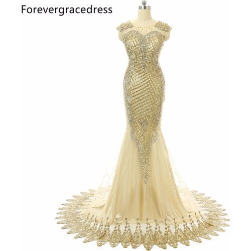 Forevergracedress 2018 Unique Luxury Gold Prom Dress Mermaid Cap Sleeves Sheer Top Neck Beaded Long Formal Party Gown Plus Size
