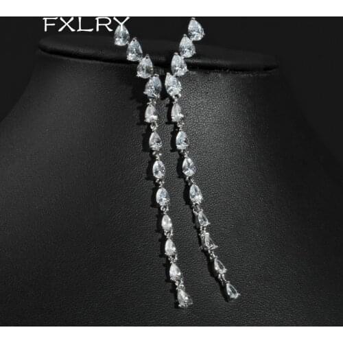 FXLRY New Design Personality White Color AAA Cubic Zircon Water Drop fringe long earrings For Women Fashion Jewelry