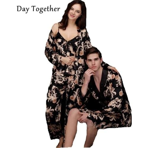 Couple Printed Dragon Kimono Robes Men Black Silk Satin Nightgown Womens Kimono Sexy Nightgowns Bathrobe Sleepwear Pajamas Sets