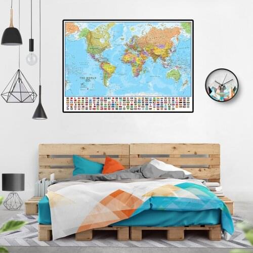 90*60cm The World Political Map with National Flags Wall Art Canvas Paintings Decorative Poster Home Decor School Supplies