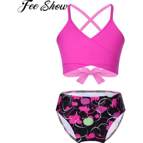 Kid Girls 2pcs Swimsuit Swimwear Wrapped V Neck Self-Tie Crop Tops Print Bikini Bottom Set Children Bathing Suit Swimming Outfit