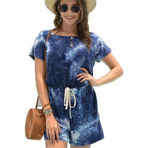 Summer Women Playsuits Tie-dye Short Jumpsuit Girl Blue Cotton Romper Loose Lace Up Sexy Beachwear Plus Size Playsuit Female 2xl