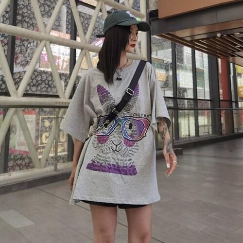 Summer Rhinestones Rabbit Pattern Loose Long T Shirt Women Short Sleeve Fashion Large Size Street Style Cartoon Tee Oversize