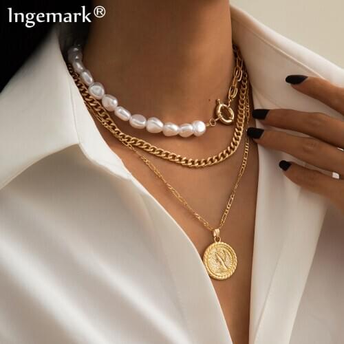 Gothic Baroque Irregular Pearl Coin Pendant Chain Necklace 2021 Multilayer Geometric Beaded Choker Necklaces Women Punk Jewelry