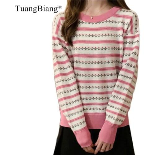 TuangBiang 2021 Autumn Flower Stripes Loose Pullovers Woman Winter Thick Long Sleeve Sweater Pink Elastic Plus Size Knitted Tops